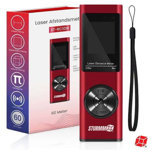 STURMM® ST-RC101R - Professionele Laser Afstandsmeter - 60 Meter Bereik - Inclusief Dataopslag - Metallic Red