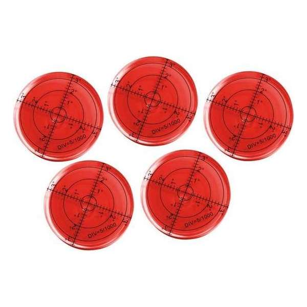 Set van 5 ronde waterpassen (66x11 mm, rood)