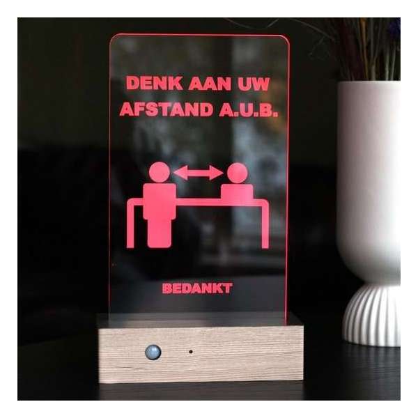 Safe Distance Desk Stand (Corona / COVID-19), slimme afstandsmeter met LED en geluidssignaal, natuurhout motief