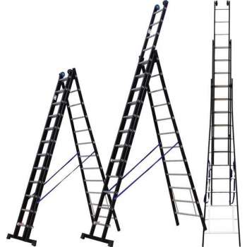 ALDORR Professional 3-delige Uitgebogen Reformladder 3x12 - Hoogte 8,25 meter - Extra stabiel door uitgebogen bomen - Zwart