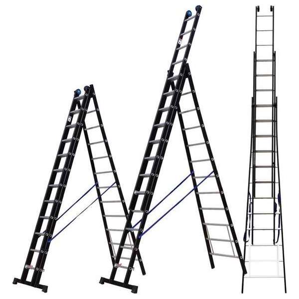 ALDORR Professional 3-delige Uitgebogen Reformladder 3x12 - Hoogte 8,25 meter - Extra stabiel door uitgebogen bomen - Zwart