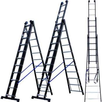 ALDORR Professional 3-delige Uitgebogen Reformladder 3x11 - Hoogte 7,40 meter - Extra stabiel door uitgebogen bomen - Zwart