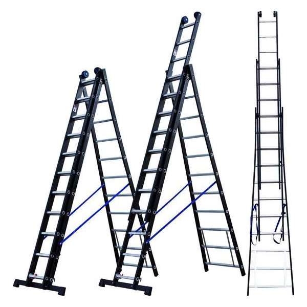 ALDORR Professional 3-delige Uitgebogen Reformladder 3x11 - Hoogte 7,40 meter - Extra stabiel door uitgebogen bomen - Zwart