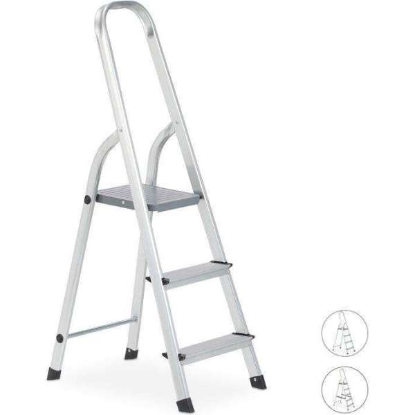 relaxdays huishoudtrap - aluminium - trapladder - keukentrap - ladder - inklapbaar 3 tredes