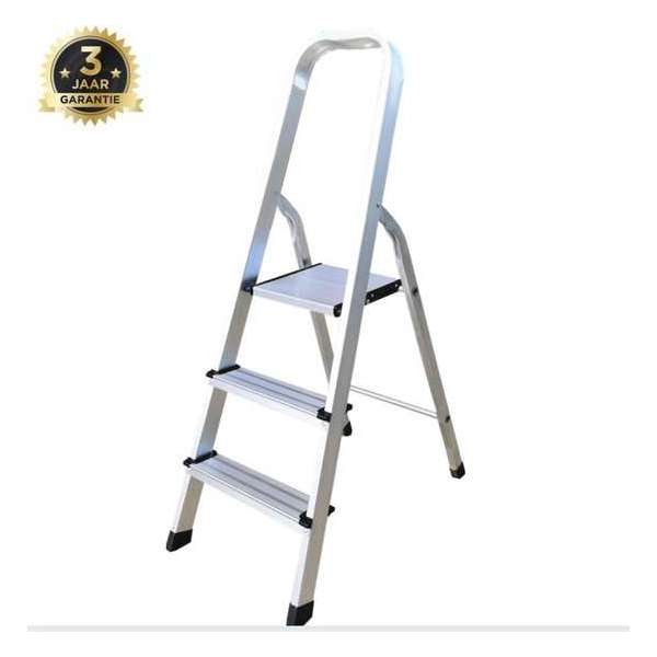 USK Huishoudtrap Keukentrap - 3 Treden - Huishoudladder Inklapbaar - Trapladder Opvouwbaar - Anti-Slip