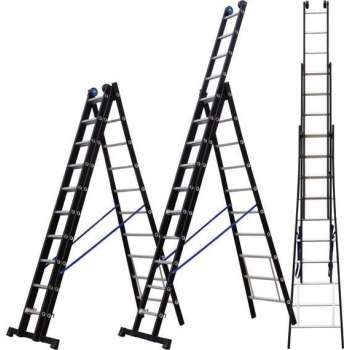 ALDORR Professional 3-delige Uitgebogen Reformladder 3x10 - Hoogte 6,70 meter - Extra stabiel door uitgebogen bomen - Zwart