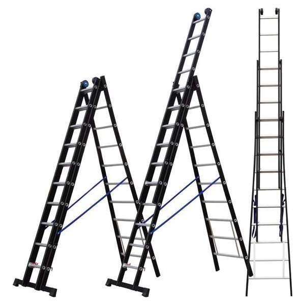 ALDORR Professional 3-delige Uitgebogen Reformladder 3x10 - Hoogte 6,70 meter - Extra stabiel door uitgebogen bomen - Zwart