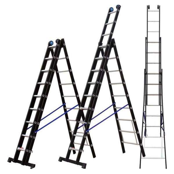 ALDORR Professional 3-delige Uitgebogen Reformladder 3x9 - Hoogte 5,90 meter - Extra stabiel door uitgebogen bomen - Zwart