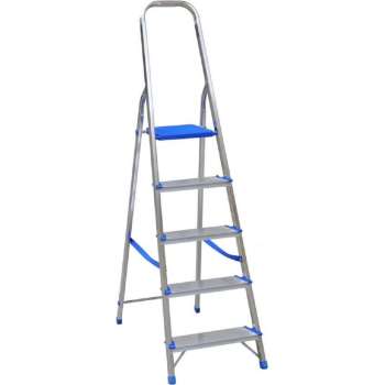 Aluminium professionele ladder of huishoudtrap met kunststof platform en beugel met 5 treden. Belastbaar tot 150 kg!