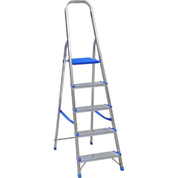 Aluminium professionele ladder of huishoudtrap met kunststof platform en beugel met 5 treden. Belastbaar tot 150 kg!