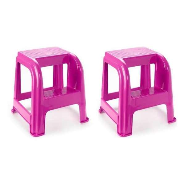 2x stuks fuchsia roze keukenkrukje/opstapje met 2 treden 45 cm - Keuken/badkamer krukjes/opstapjes