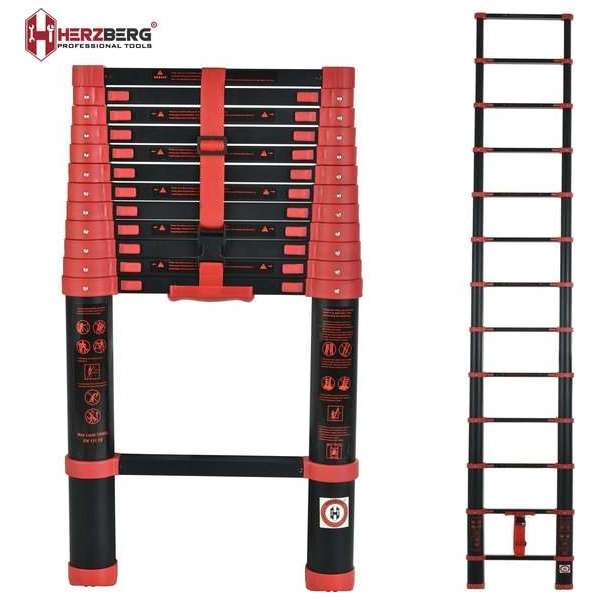 Herzberg: Telescoopladder 3,8m - Telescopische Ladder - Soft Close - Slim Sluitsysteem Ontwerp - Veilig en Solide