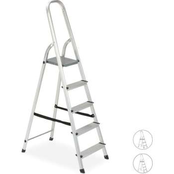 relaxdays huishoudtrap - aluminium - trapladder - keukentrap - ladder - inklapbaar 5 tredes