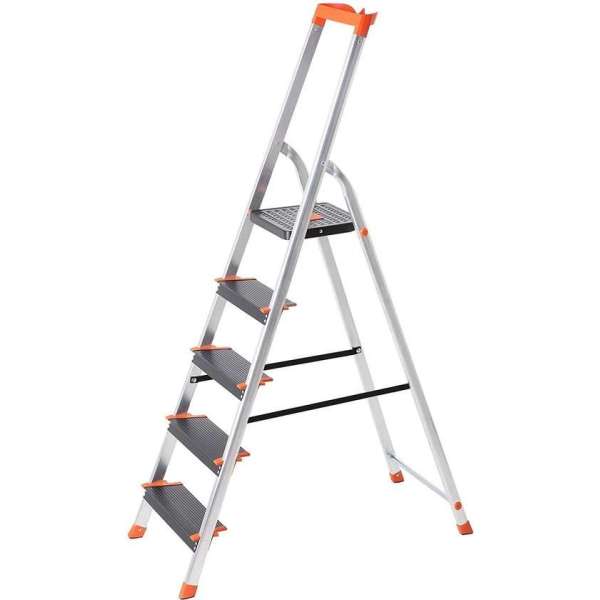 Nancy's Cahore Ladder - Treden - Opvouwbaar - Aluminium - Anti-Tip - Gereedschapsbakje - Zwart - Oranje