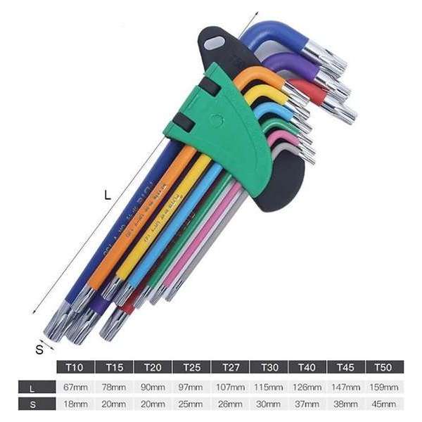 Set professionele torxsleutels - Met kleurcodering - T10, T15, T20, T25, T27, T30, T40, T45, T50 torxsleutels