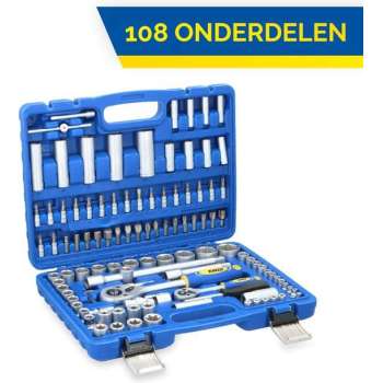 Kinzo Dopsleutel- en Bitset - 108 Stuks - Extra Sterk - Chroom Vanadium Staal - In Kunststof Koffer