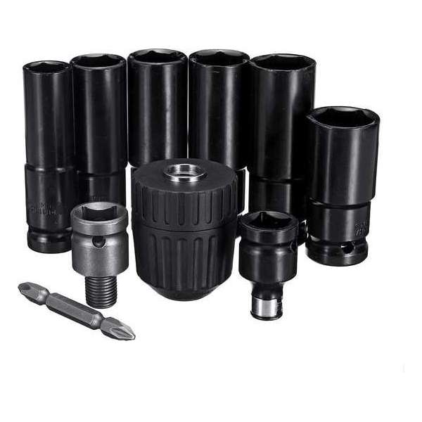 Dakta® Slagmoersleutel doppenset | 10 delig | Krachtdopppenset | 14, 17, 18, 19, 21, 22mm | Slagdoppenset | Inclusief boorkop