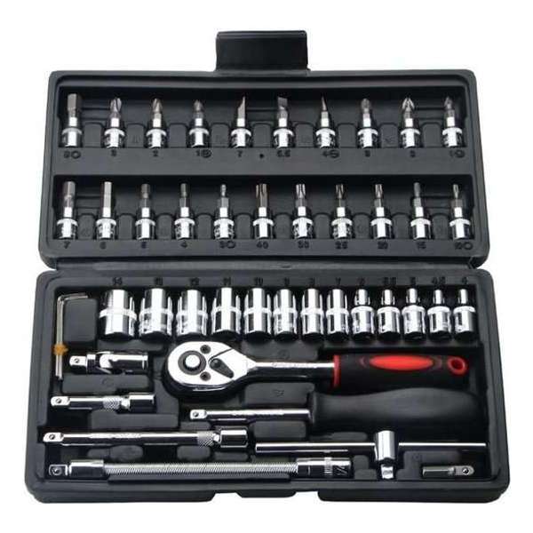 Gereedschap set  | 46 delig | Doppen set| Bit set | Bit adapter | Ratel |  Hex | Platkop | Kruiskop | Schroevendraaier