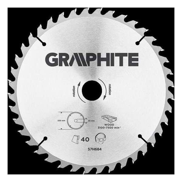 Graphite Circelzaagblad voor Hout 250mm, Asgat 30mm, Tanden 40, Dikte 3,2, Vulringen 16/20/25, TCT