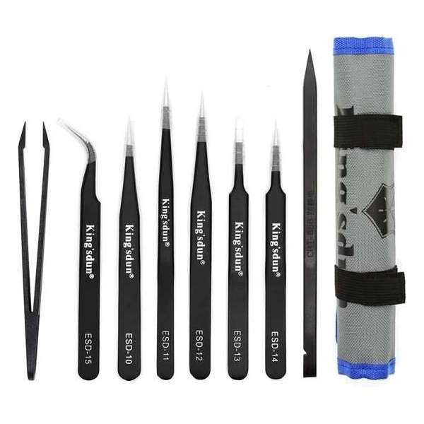 Kingsdun VK-61, 8-delig pincetten set, ESD, reparatieset, zwart