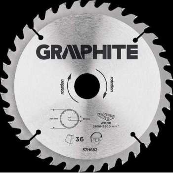 Graphite 57H682 Cirkelzaagblad voor Hout 205mm, Asgat 30mm, Tanden 36, Dikte 3,2, Vulringen 16/20/25, TCT