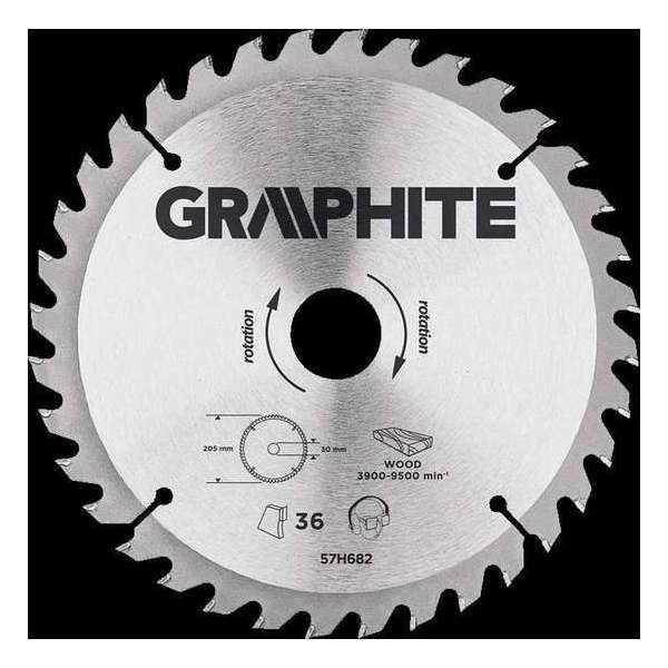 Graphite 57H682 Cirkelzaagblad voor Hout 205mm, Asgat 30mm, Tanden 36, Dikte 3,2, Vulringen 16/20/25, TCT