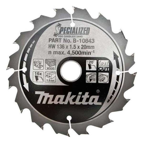 Makita B-10643 Specialized Cirkelzaagblad - 136 x 20 x 16T - Hout