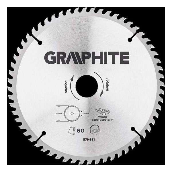 Graphite 57H681 Cirkelzaagblad voor Hout 216mm, Asgat 30mm, Tanden 60, Dikte 3,2, Vulringen 16/20/25, TCT