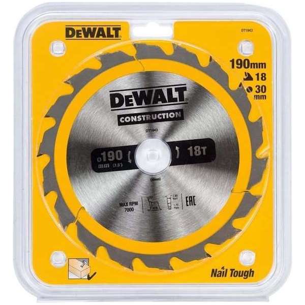 DeWalt DT1943 Cirkelzaagblad - 190 x 30 x 18T - Hout (met nagels)