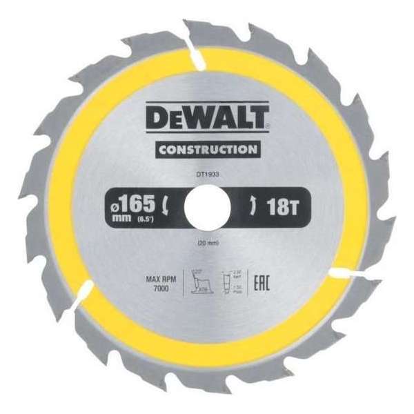 DeWalt DT1933 Cirkelzaagblad - 165 x 20 x 18T - Hout