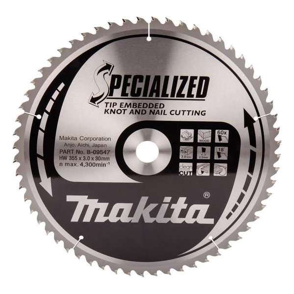 Makita Cirkelzaagblad Hout (noest/spijker) Embedded Tip 355x30x3,0 60T 18g