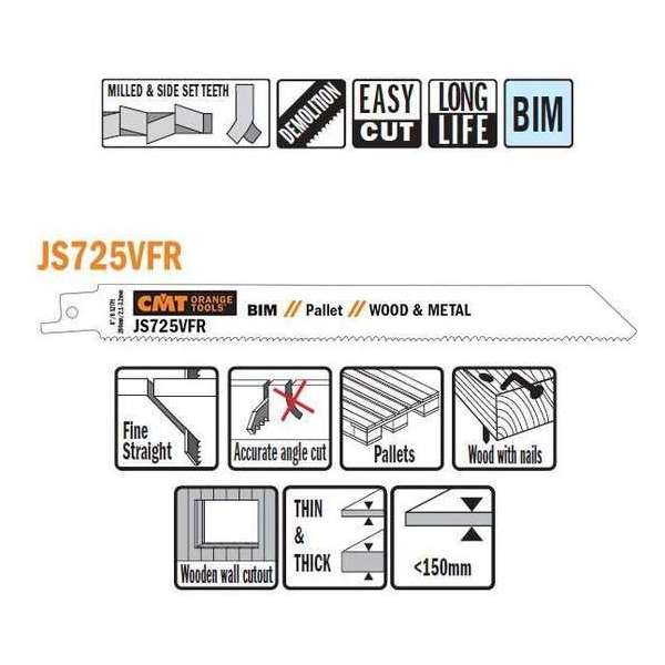 Bi-metaal reciprozaagblad 200 x 19 mm. 8-12tpi (5 stuks)