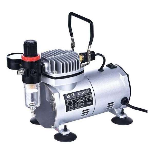 Airbrush Compressor Mini Olievrij 0- 4 bar 1 cillinder 1/6PK CE gekeurd met drukregelaar