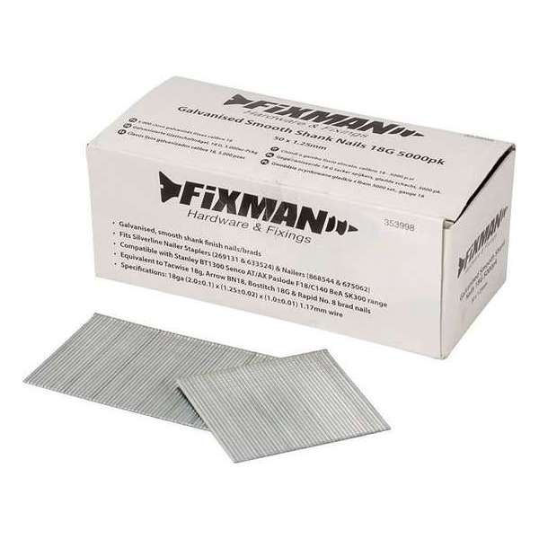 Fixman Gegalvaniseerde 18 Gauge - Tacker Spijkers - Gladde Schacht - 50 x 1,25 mm. - 5000 stuks