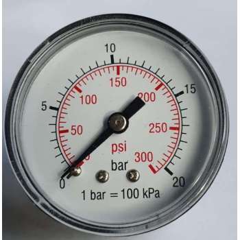 K&W Manometer 50 mm diameter 0-20 bar met 1/4"  achter aansluiting geschikt voor luchtdruk