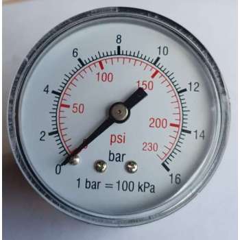 K&W Manometer 50 mm diameter 0-16 bar met 1/4"  achter aansluiting geschikt voor luchtdruk