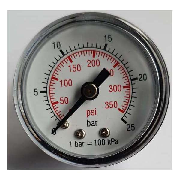 K&W Manometer 40 mm diameter 0-25 bar met 1/8"  achter aansluiting geschikt voor luchtdruk