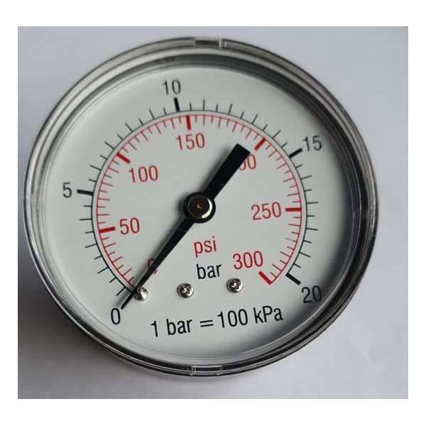 K&W Manometer 63 mm diameter 0-20 bar met 1/4"  achter aansluiting geschikt voor luchtdruk