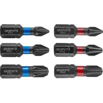 GRAPHITE Bit IMPACT PH 1 2 3, PZ 1 2 3 x 25 mm, S2 Staal Full Fit Kop, 6 stuks