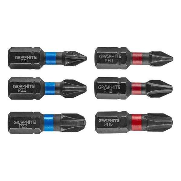 GRAPHITE Bit IMPACT PH 1 2 3, PZ 1 2 3 x 25 mm, S2 Staal Full Fit Kop, 6 stuks