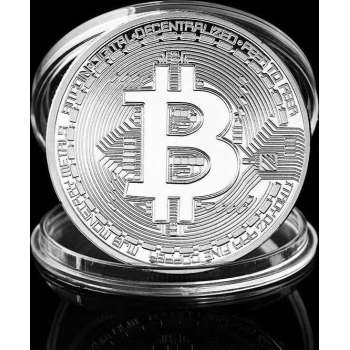 Bitcoin munt, zilverkleur, in opbergdoosje