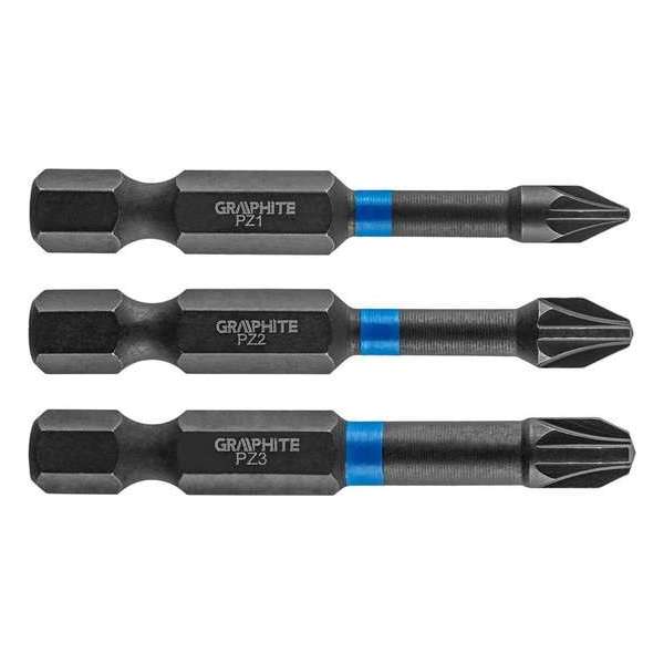 GRAPHITE Bit IMPACT PZ 1 2 3 x 50 mm, S2 Staal Full Fit Kop, 3 stuks