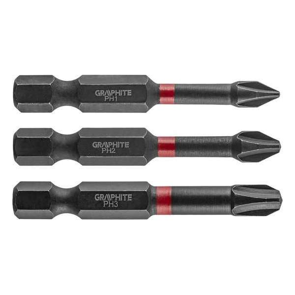 GRAPHITE Bit IMPACT PH 1 2 3 x 50 mm, S2 Staal Full Fit Kop, 3 stuks