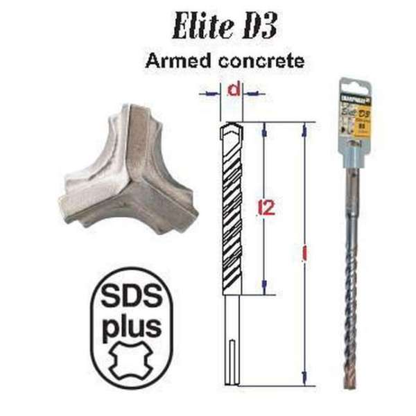 Hamerboor Elite SDS-plus D3 * 16,00x460 mm boorkop met 3-snijvlakken voor gewapend beton