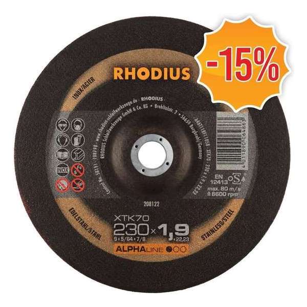 Rhodius ALPHAline I XTK70/208122 Doorslijpschijf - Extra dun - 230 x 22,23 x 1,9mm - RVS/Staal (25st)