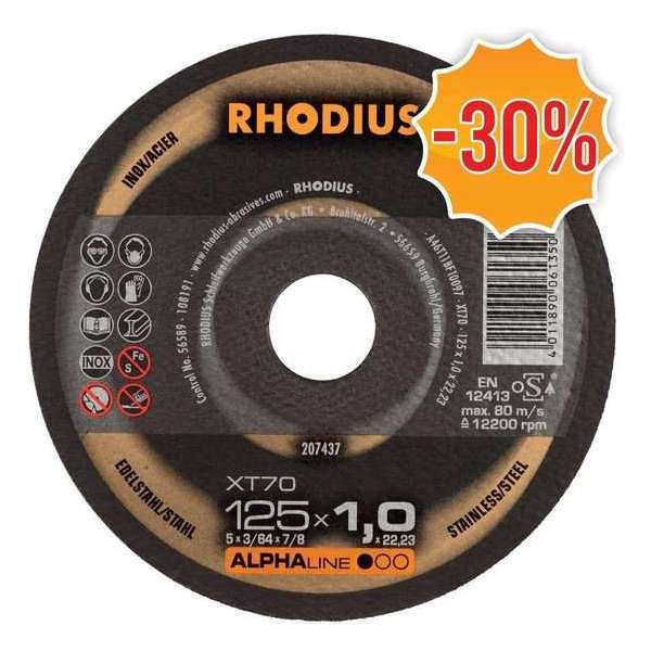 Rhodius ALPHALine I XT70 Doorslijpschijf - Extra dun - 125 x 22,23 x 1mm - RVS/Staal (50st)