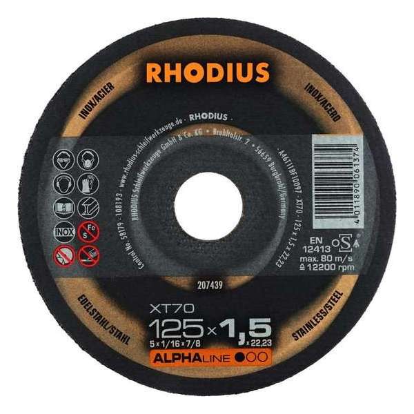 Rhodius 207439 Alphaline I XT70 Doorslijpschijf - Extra dun - 125 x 22,23 x 1,5mm - RVS/Staal