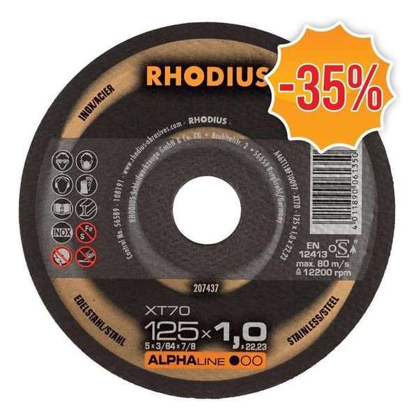 Rhodius ALPHALine I XT70 Doorslijpschijf - Extra dun - 125 x 22,23 x 1mm - RVS/Staal (100st)