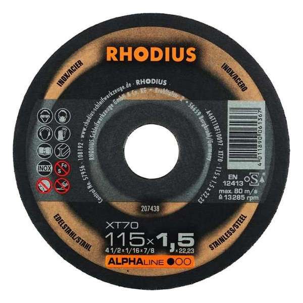 Rhodius 207436 Alphaline I XT70 Doorslijpschijf - Extra dun - 115 x 22,23 x 1mm - RVS/Staal