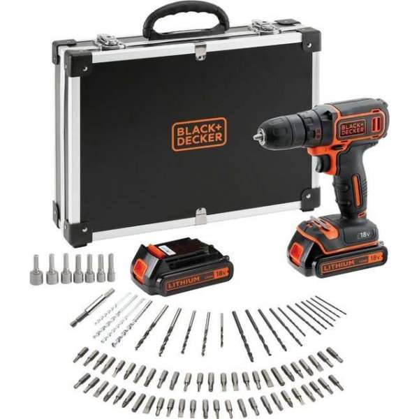 BLACK+DECKER BDCDC18BAFC - QW Accuboormachine kit - 18V - 80 accessoires - incl. 2 accu's en lader